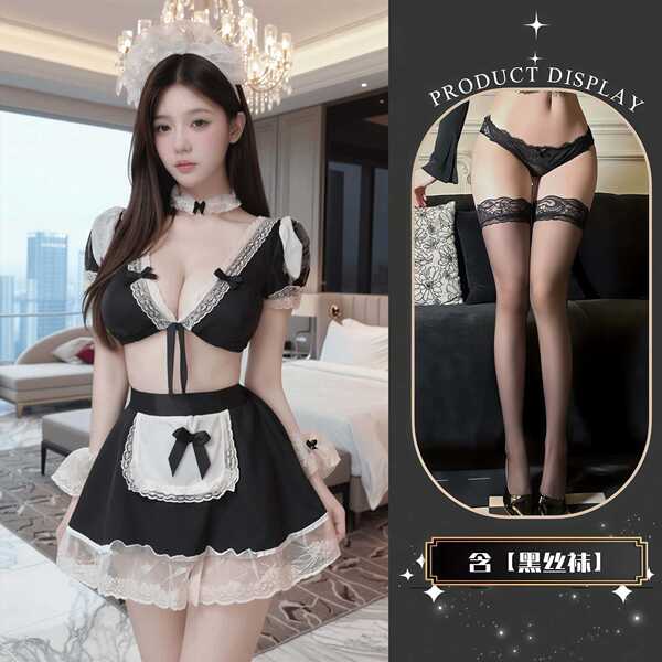 QQNY Pure Allure Sleepwear Set – Elegant Seductive Lingerie for Women, Luxury Intimate Nightwear - Maid uniform + black stockings