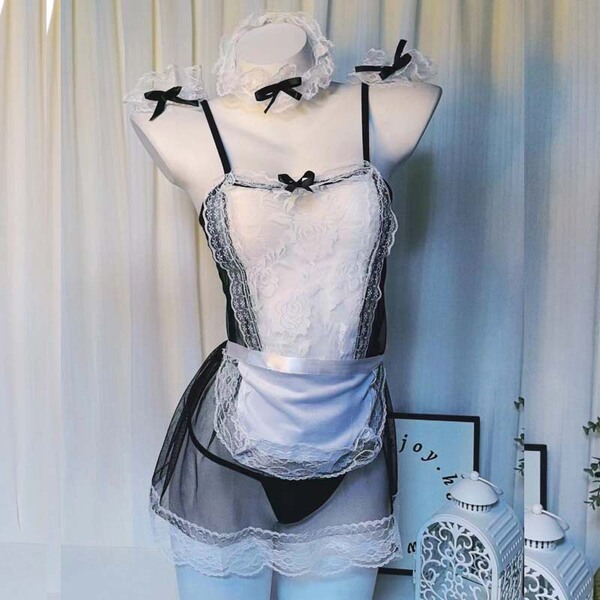 Sexy Maid Costume Set for Women - Seductive Lingerie Sleepwear Outfit with Ruffled Apron & Headband - maid