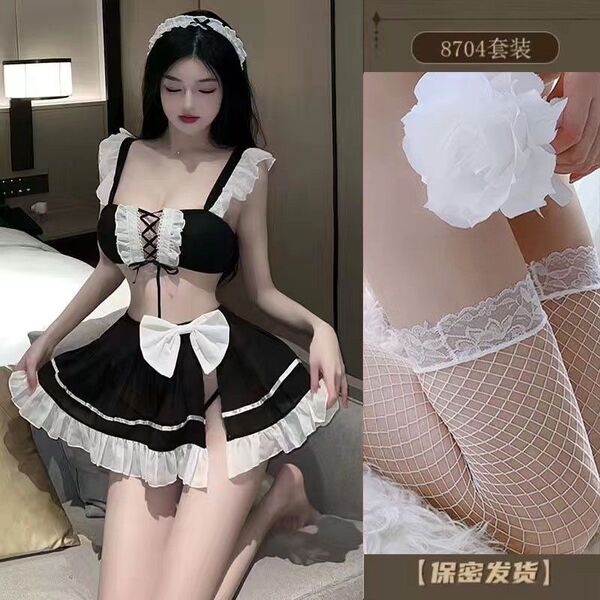 Mingjun Sexy Role Play Lingerie Set - Sheer Backless Maid Costume for Women, Multi-Piece Outfit with Lace & Mesh - Maid outfit + white fishnet stockings