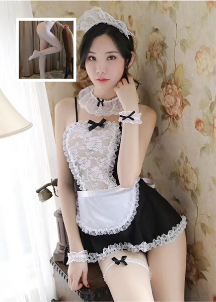 Lunar Tide Sheer Lace Maid Costume Set for Women – Seductive Transparent Sleepwear & Erotic Lingerie Outfit - Maid + White Open Crotch Stockings
