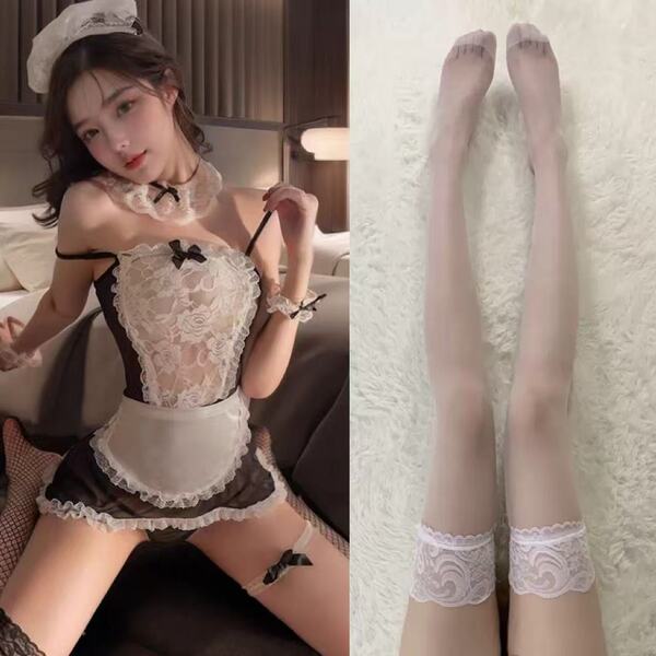 Sexy Maid Costume for Women - Plus Size Seductive Lingerie Sleepwear Set, Busty & Curvy Friendly Outfit - Maid + White Stockings