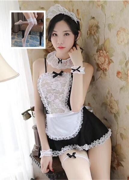 Lunar Tide Sheer Lace Maid Costume Set for Women – Seductive Transparent Sleepwear & Erotic Lingerie Outfit - Maid + White Stockings