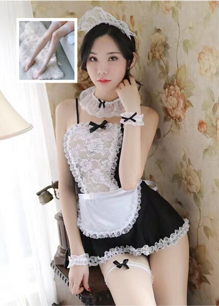 Lunar Tide Sheer Lace Maid Costume Set for Women – Seductive Transparent Sleepwear & Erotic Lingerie Outfit - Maid + White Fishnet Stockings