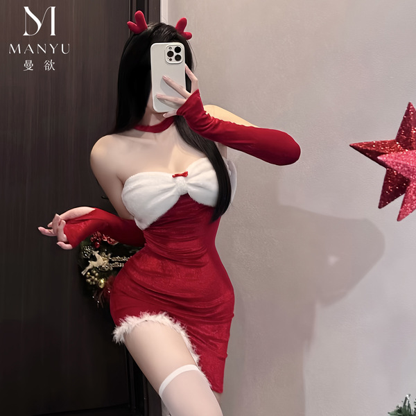 Mandyu christmas bunny girl outfit - red sexy mesh bodysuit with thigh-highs, holiday costume for women
