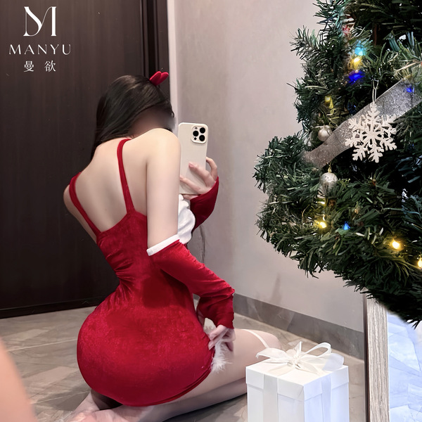 Mandyu christmas bunny girl outfit - red sexy mesh bodysuit & thigh-highs holiday costume for women, perfect for festive cele...
