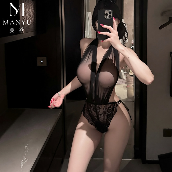 Mandyu sensual lace bodysuit for women - sheer deep v-back transparent sleepwear & provocative uniform-inspired lingerie