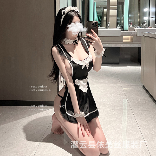 Sexy maid costume with black and white design, featuring lace details and a playful look, perfect for women seeking allure an...