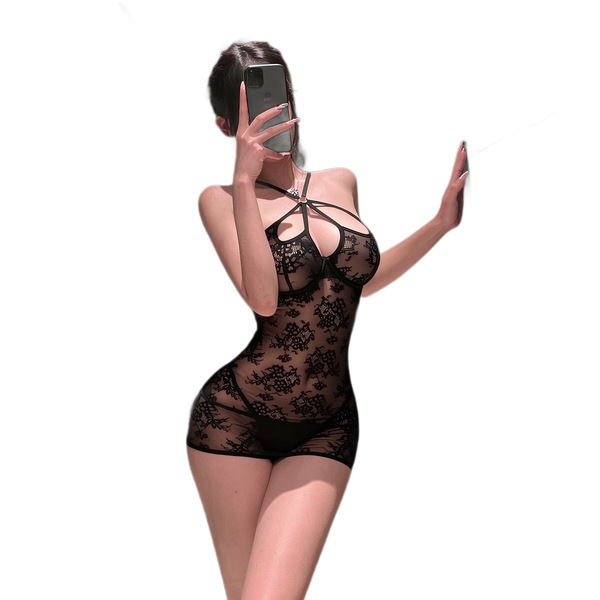Woman wearing manny night elegant lace halter bodysuit with sheer mesh cutouts, posing in a sensual black dress.