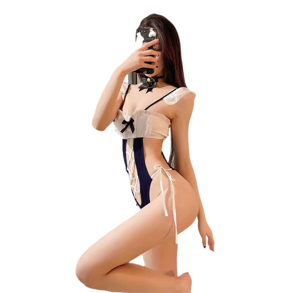 Sexy maid costume set featuring a bodysuit with bow, cut-outs, and open-crotch design, perfect for themed events or cosplay.