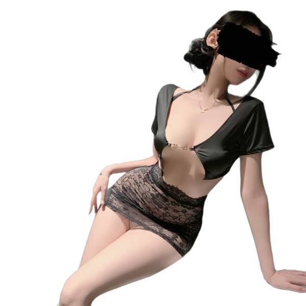 Woman modeling manny night plus size lace sheer secretary costume set, a sexy three-piece lingerie outfit for role play and d...