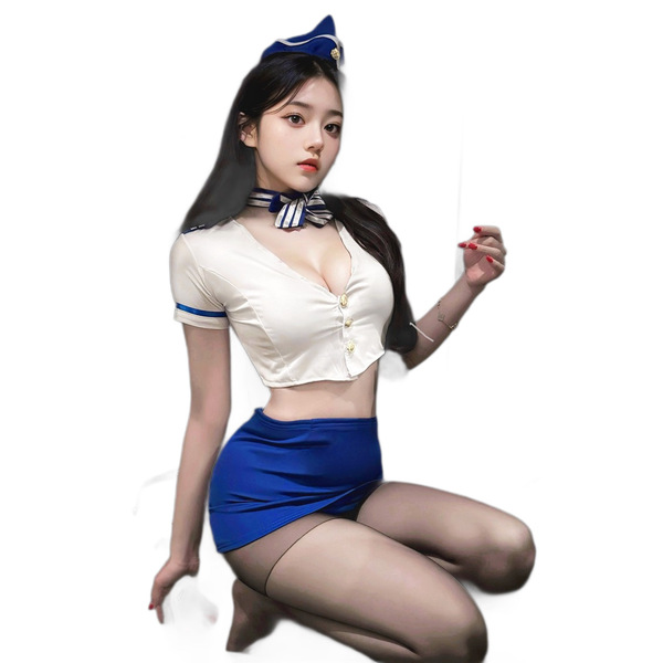 Sexy air hostess costume set featuring a white cropped top with blue accents, matching skirt, and sailor hat, perfect for rol...