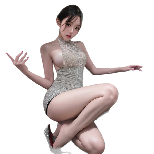 A woman poses in a silver lace bodysuit, featuring a sheer design and plunging neckline, perfect for club wear or evening ele...
