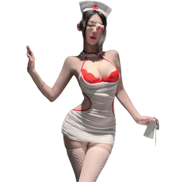 Nurse costume featuring lace sheer bodycon dress with halter neck, perfect for role play and lingerie sleep.