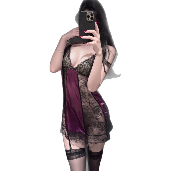 Manny night purple lace cami sleep dress - flirty ruffled babydoll nightgown for curvy women, elegant design with lace detail...