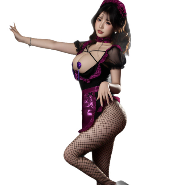 Woman wearing manny night romance lingerie set, a seductive maid costume with purple accents and fishnet stockings, small-bus...