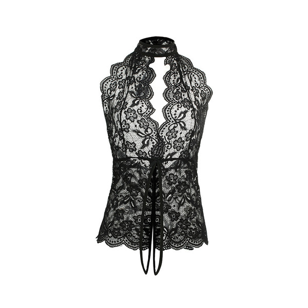 Black lace bodysuit with floral pattern and open-crotch design, featuring a high collar and tie-front detail.