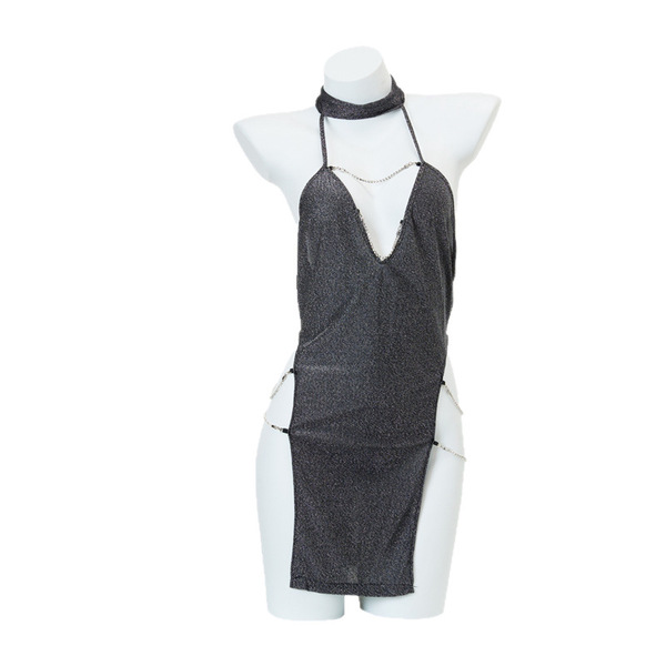 Sexy lace bodysuit with deep v-neck, mesh chain detail, bodycon fit for club and party nights.
