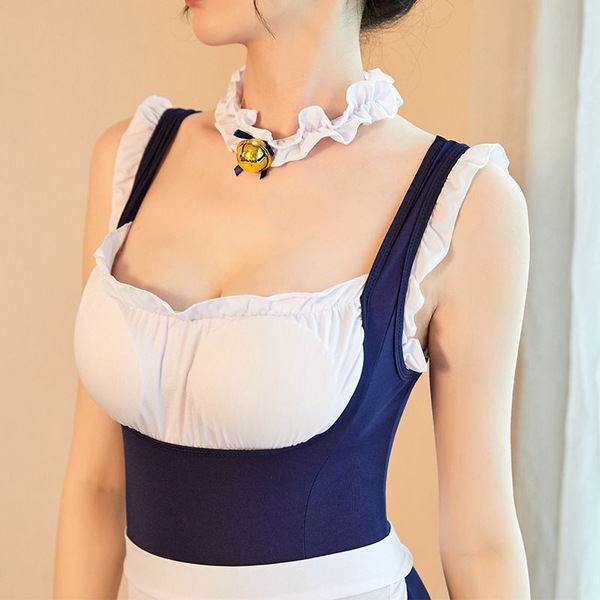 Manny night sexy maid bodysuit - backless cute uniform lingerie set with ruffles & seductive style, featuring a white and nav...