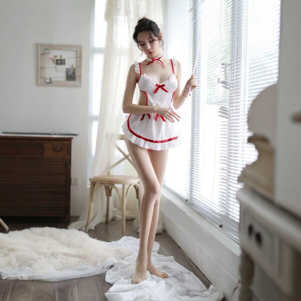 Woman modeling manny night sexy maid costume - red & white lace bodysuit with backless cutout, pure temptation lingerie set.