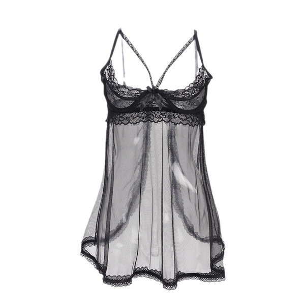 Seductive sheer lace camisole sleep dress featuring adjustable ties, delicate mesh fabric, and intricate lace detailing for a...