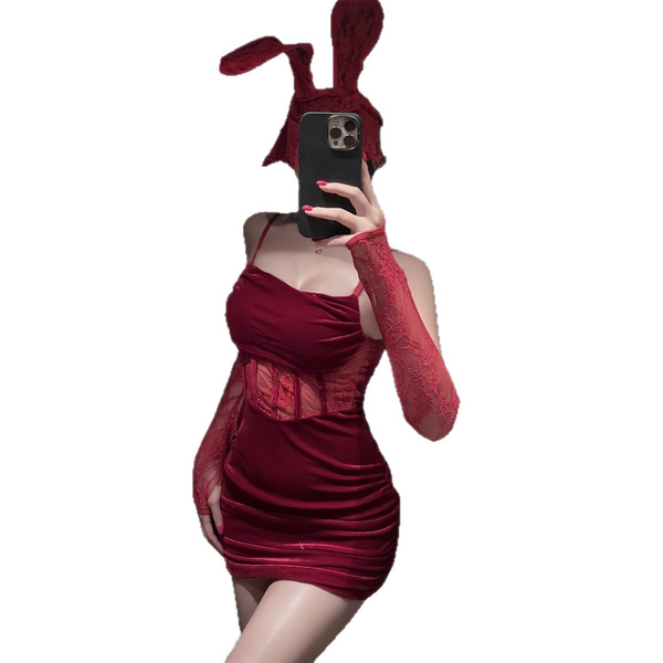 Manny night velvet bunny girl bodycon dress - pure temptation lace-up sexy lingerie set, featuring a deep red hue with lace d...