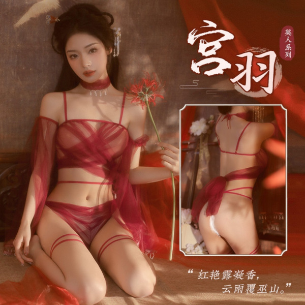 Woman in red sheer lace bralette set with hanfu-inspired design, holding a flower.