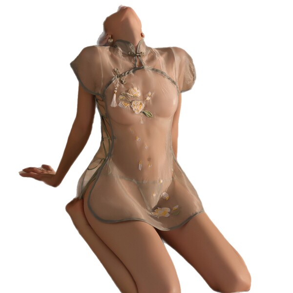 Elegant sheer qipao with floral embroidery, perfect for women seeking modest yet stylish sleepwear or nightwear.