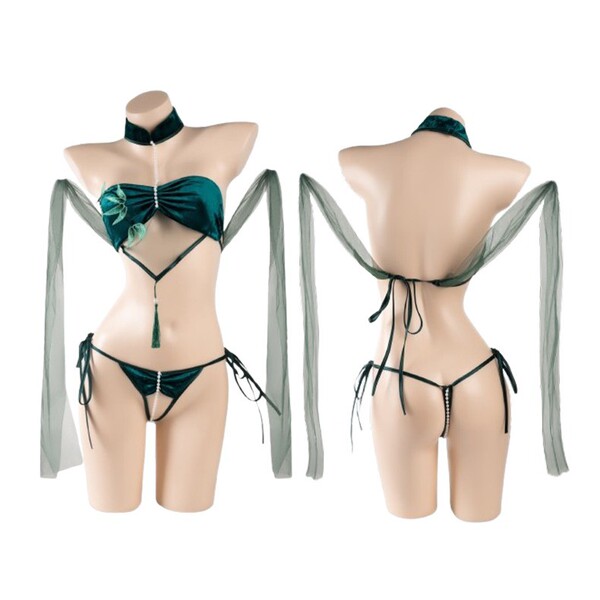 Elegant mannyan bamboo shadow qipao lingerie set - sexy three-piece outfit with sheer sleeves for date night