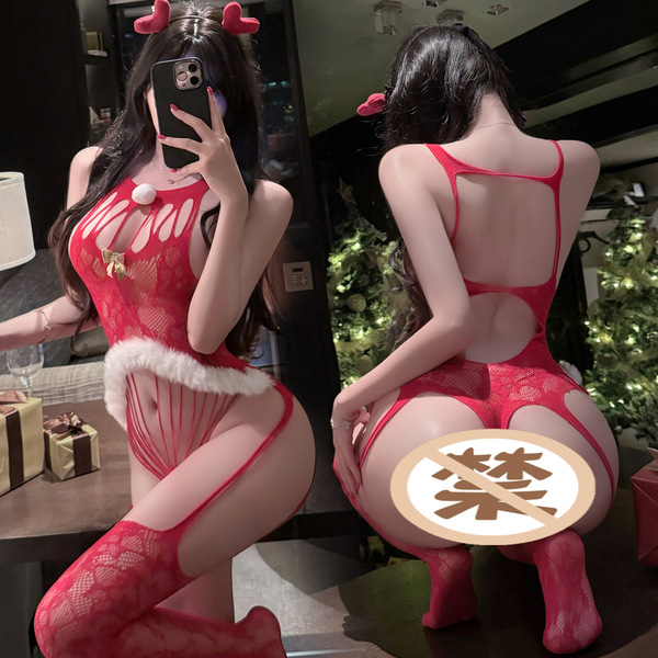 Mannyan christmas lingerie set - sheer mesh halter bodysuit for holiday & new year outfits, festive design with bunny ears an...