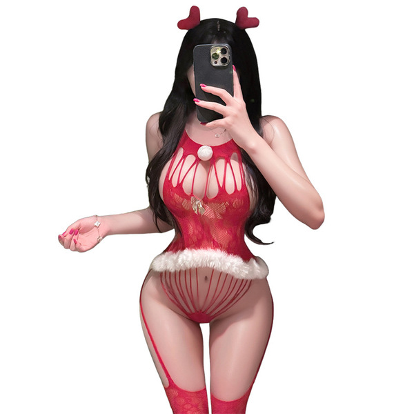 Mannyan christmas lingerie set - sheer mesh halter bodysuit with reindeer antlers for holiday & new year outfits