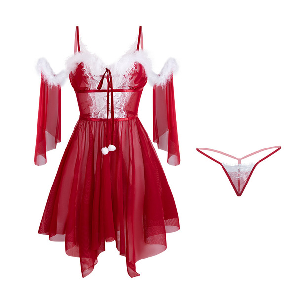 Mannyan christmas new year lingerie set featuring a sexy sheer mesh deep v-neck lace bodysuit with velvet trim and adjustable...