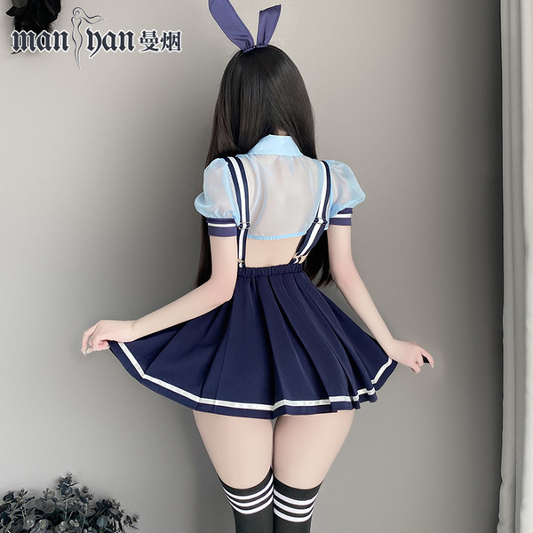 Mannyan cute bunny girl jk uniform set - sexy sweet school skirt & suspender outfit for women, featuring a navy pleated skirt...