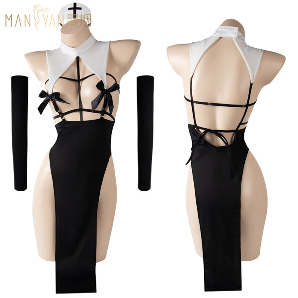 Mannyan dark nun cosplay bodysuit: seductive black lingerie set with white collar, cross, and bow details for pure yet tempti...