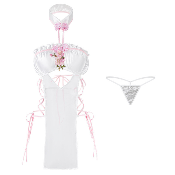 White floral spring sleep dress with embroidered buttons, split-style cheongsam nightgown, elegant pink ribbon details for wo...
