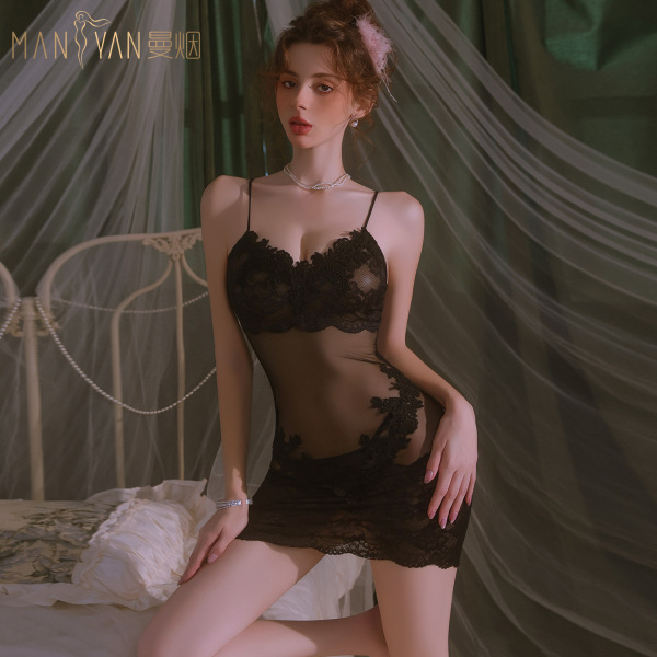 Woman wearing mannyan french-style lace chemise, sheer sexy sleep dress with bodycon fit, lightweight nightgown for women.
