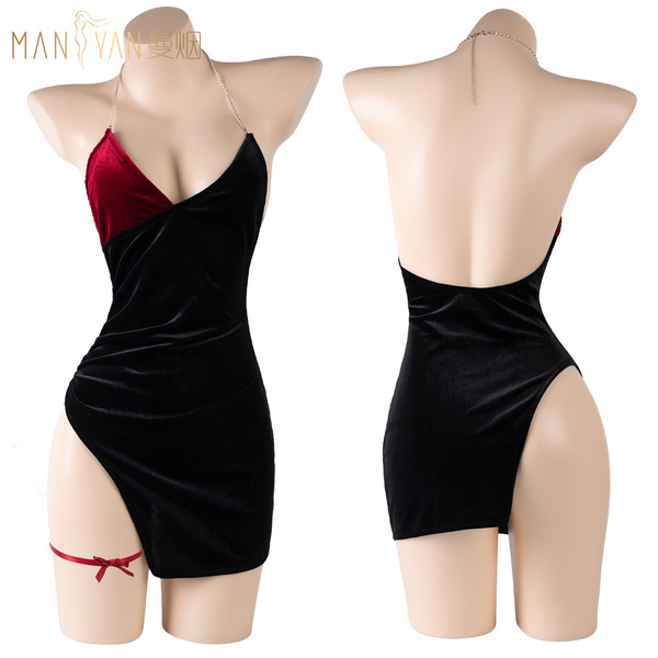 Manyan french-style low-cut color-block camisole dress – high-waisted slit lingerie for women, featuring black velvet fabric ...