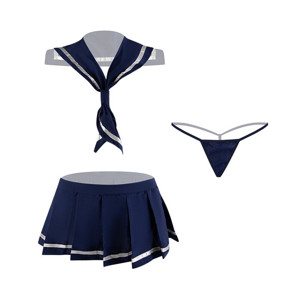 Mannyan japanese schoolgirl jk uniform set featuring a sailor collar top, square neck design, pleated mini skirt, and thong b...