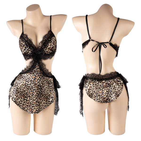 Mannyan leopard lace thong bodysuit set - sexy no-remove intimate outfit for small bust, featuring elegant leopard print and ...