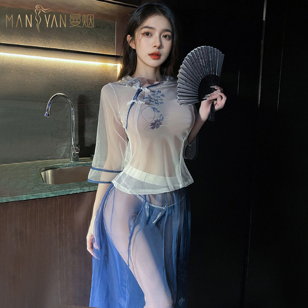 Vintage chinese qipao costume, sheer student uniform sleep dress with floral print