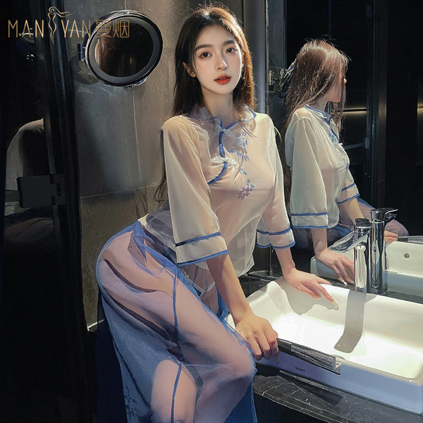 Vintage chinese qipao costume, sheer student uniform sleep dress with floral print, perfect for elegant evening outfits.