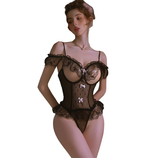 Woman wearing mannyan sheer lace bodysuit with open-crotch, underwire push-up design and floral accents.