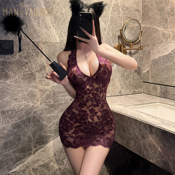 Mannyan purple lace sleep dress - sexy off-shoulder low-cut bodycon nightgown for women, featuring intricate lace design and ...