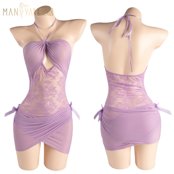 Mannyan purple lingerie dress - sheer temptation slip with cleavage accent & bodycon fit, front and back view