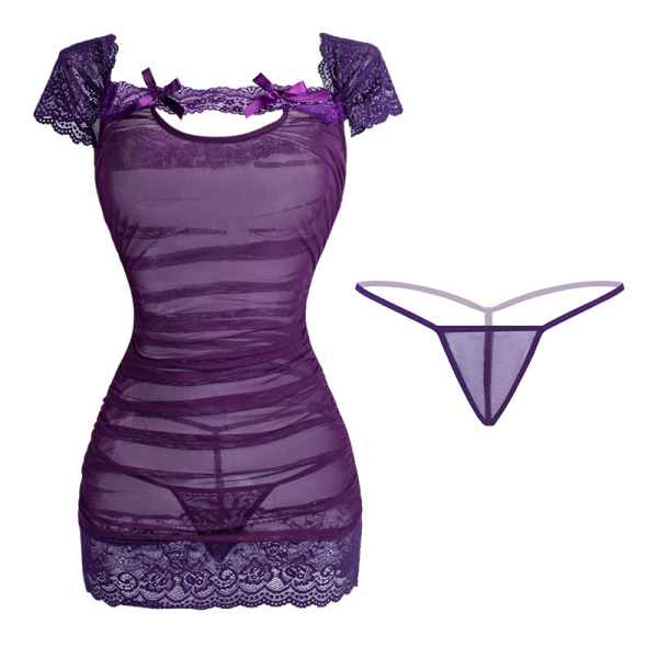 Purple sheer lace bodycon sleep dress with matching thong, featuring ruffled sleeves and floral trim for sensual date night a...