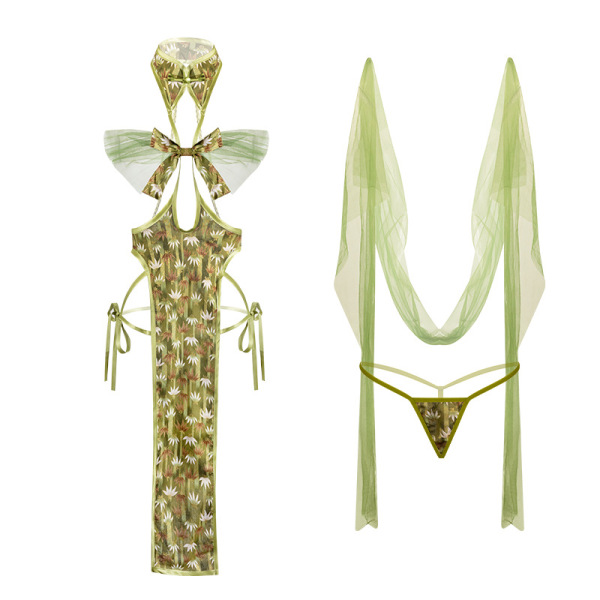 Sheer green lace cheongsam lingerie set with side ties and matching thong, elegant silk-feel qipao outfit for women.