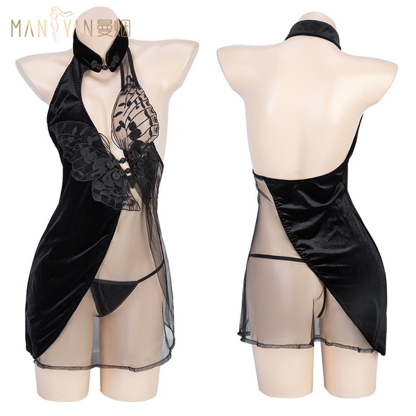 Mannyan seductive lingerie dress - pure & tempting slit cheongsam costume for passionate date nights, featuring elegant black...