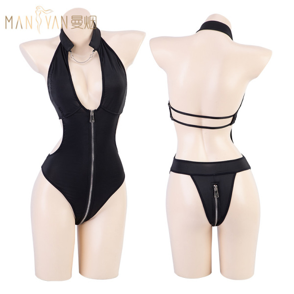 Mannyan black deep v neck bodysuit with front zipper and lace-up backless design, featuring open-crotch detail for women.