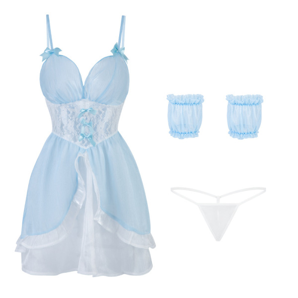 Light blue sheer babydoll dress with lace bodice, ruffled skirt, and matching accessories.