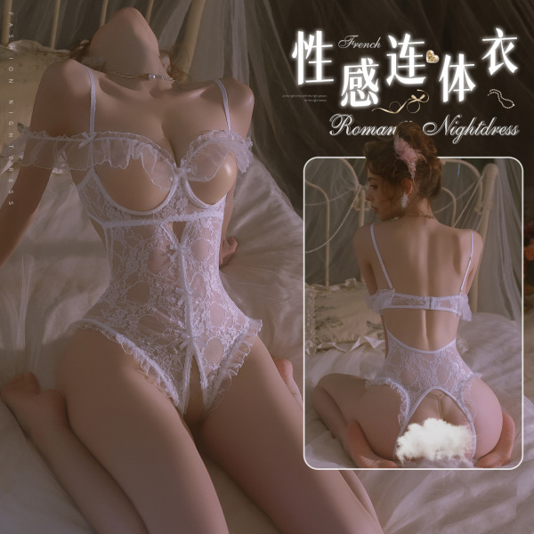 Woman wearing white mannyan sensual lace bodysuit with sheer panels, underwire support, and adjustable straps. open-crotch de...