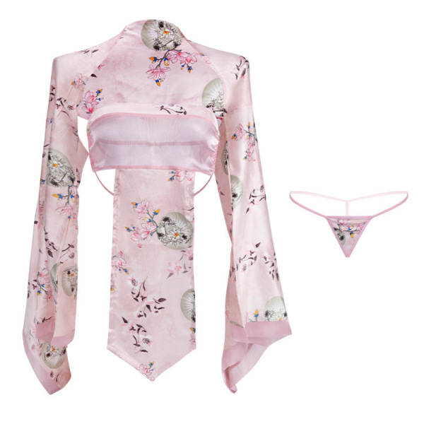 Pink floral kimono-style lingerie set with sheer mesh bra top and matching thong, featuring shimmer details.